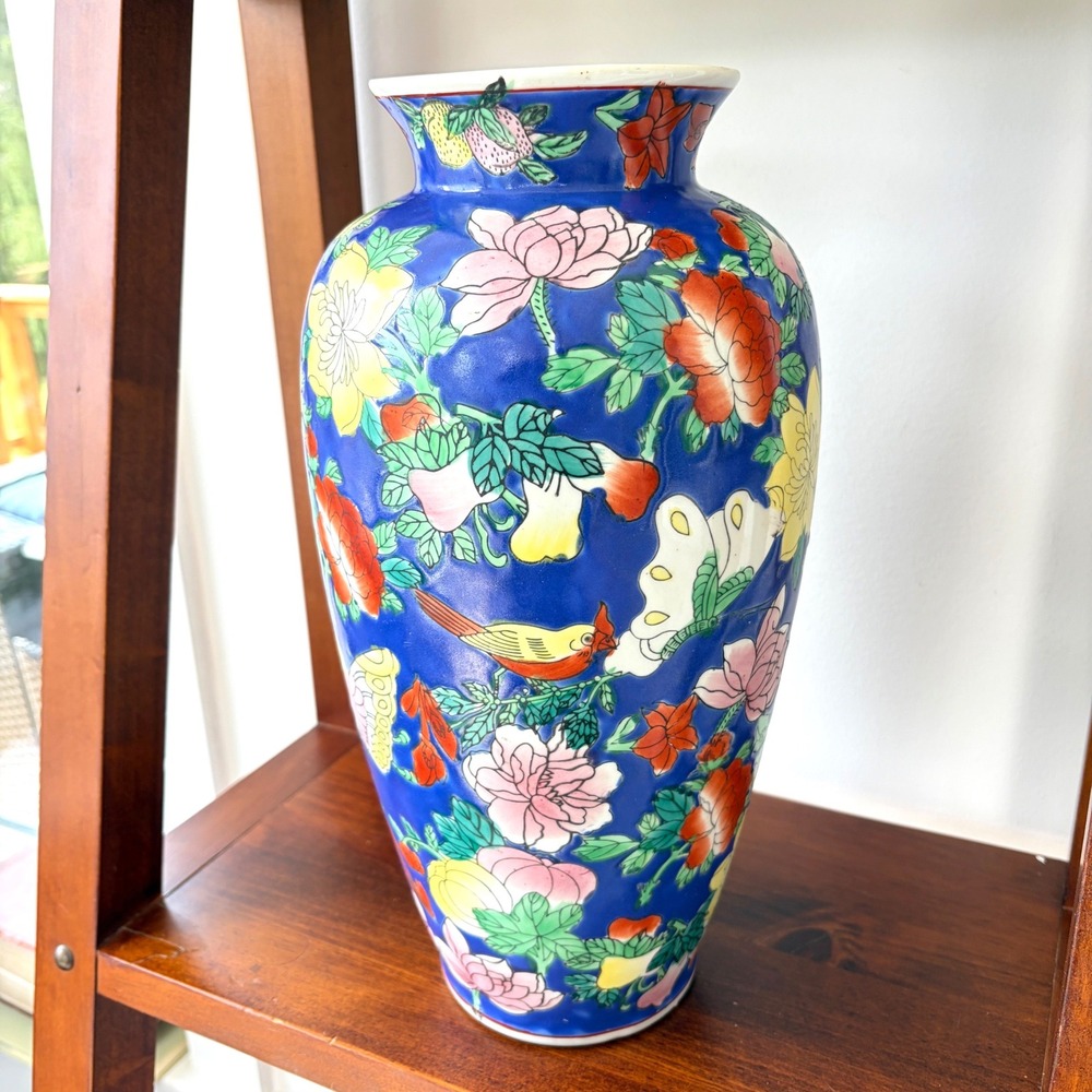 Vintage Chinese Cobalt Blue Porcelain Bird and Flower Butterfly Vase 14in